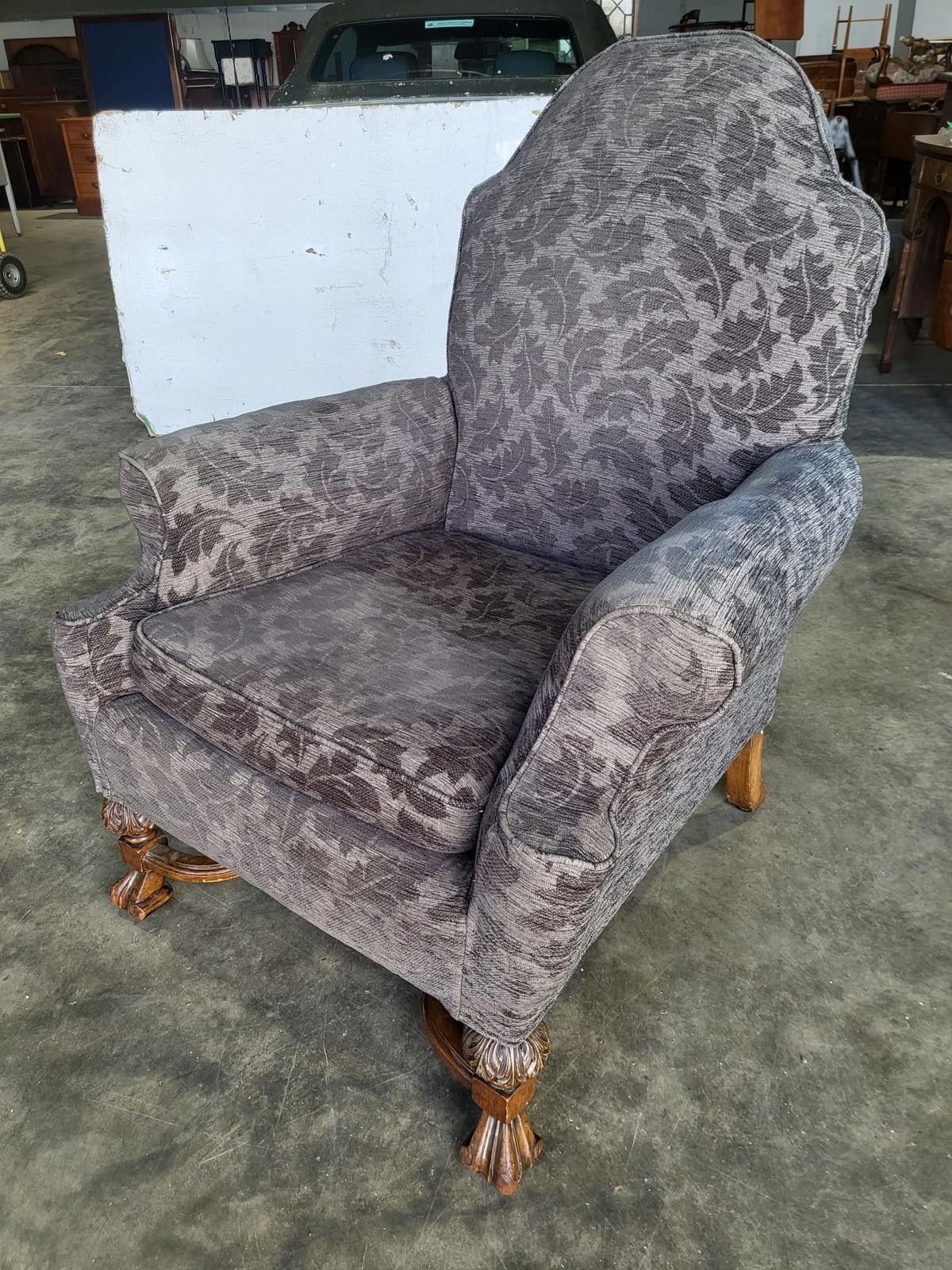 Antique Repro? High Back Arm Chair Oak Legs Scroll Arms photo Furniture