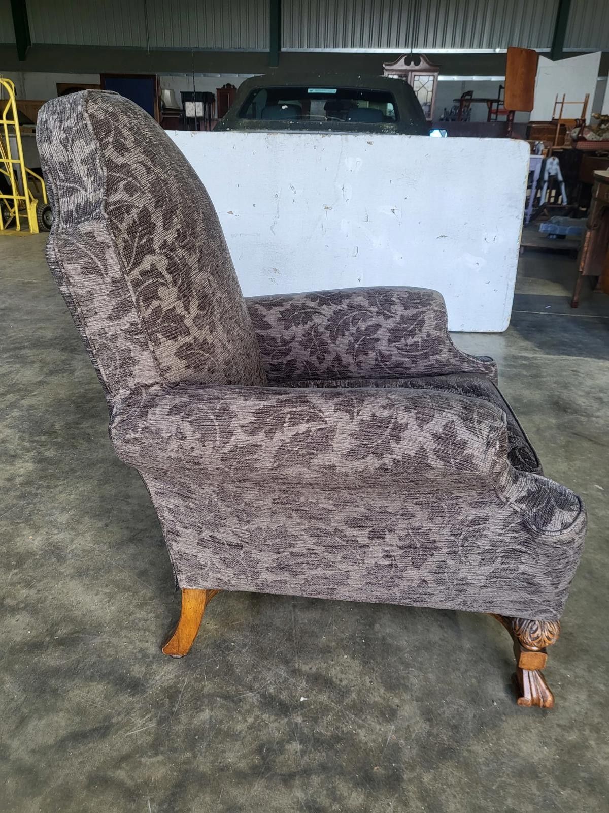 photo for sale Antique Repro? High Back Arm Chair Oak Legs Scroll Arms