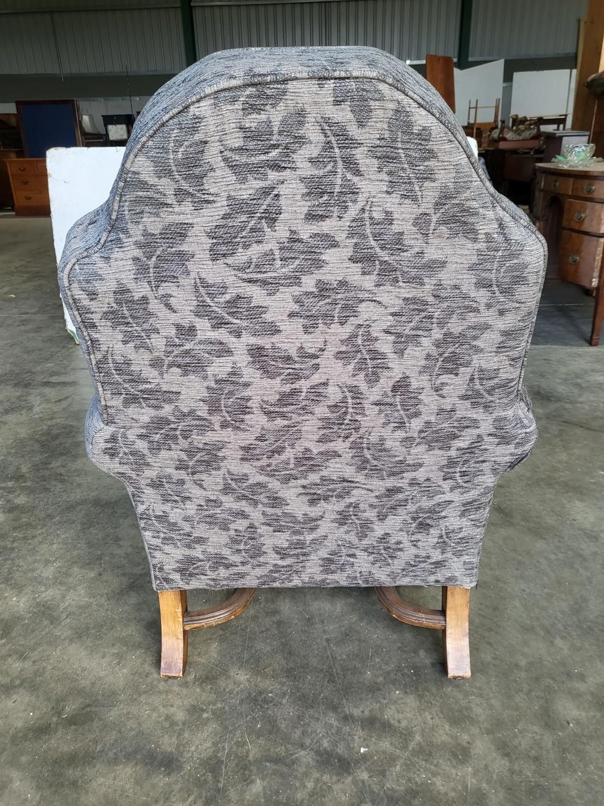 325.0 Antique Repro? High Back Arm Chair Oak Legs Scroll Arms photo
