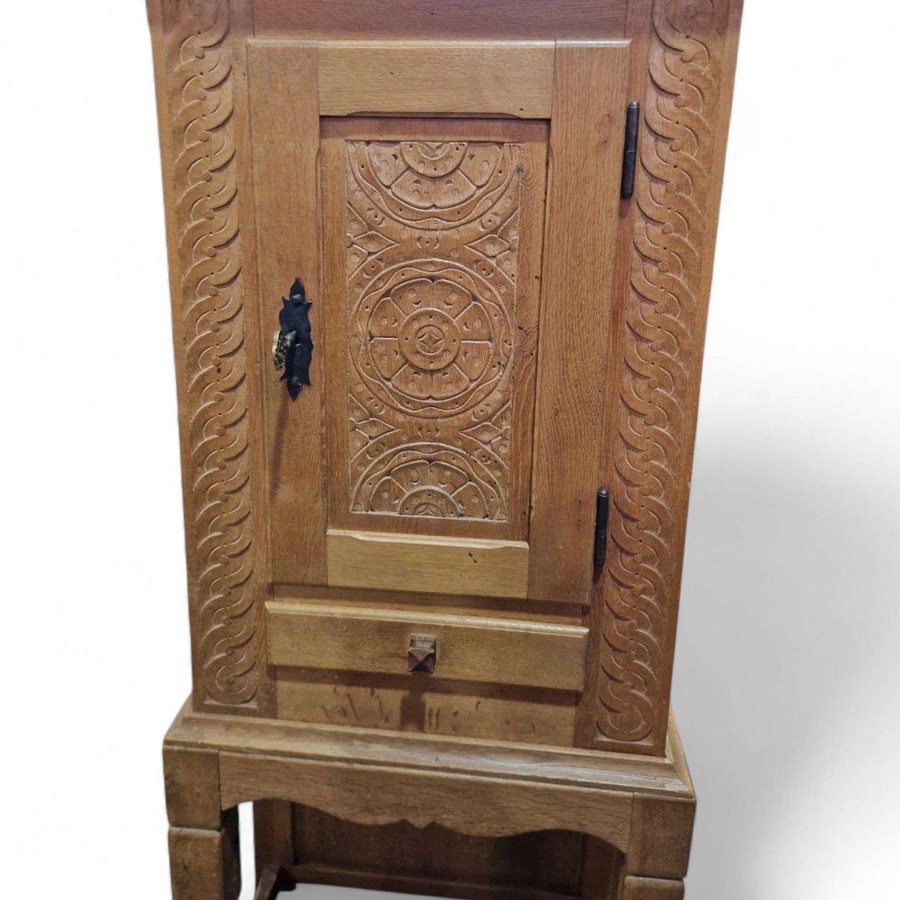 Carved Oak Side Cupboard / Antique Style Cabinet On Stand With Drawer + Key photo buy