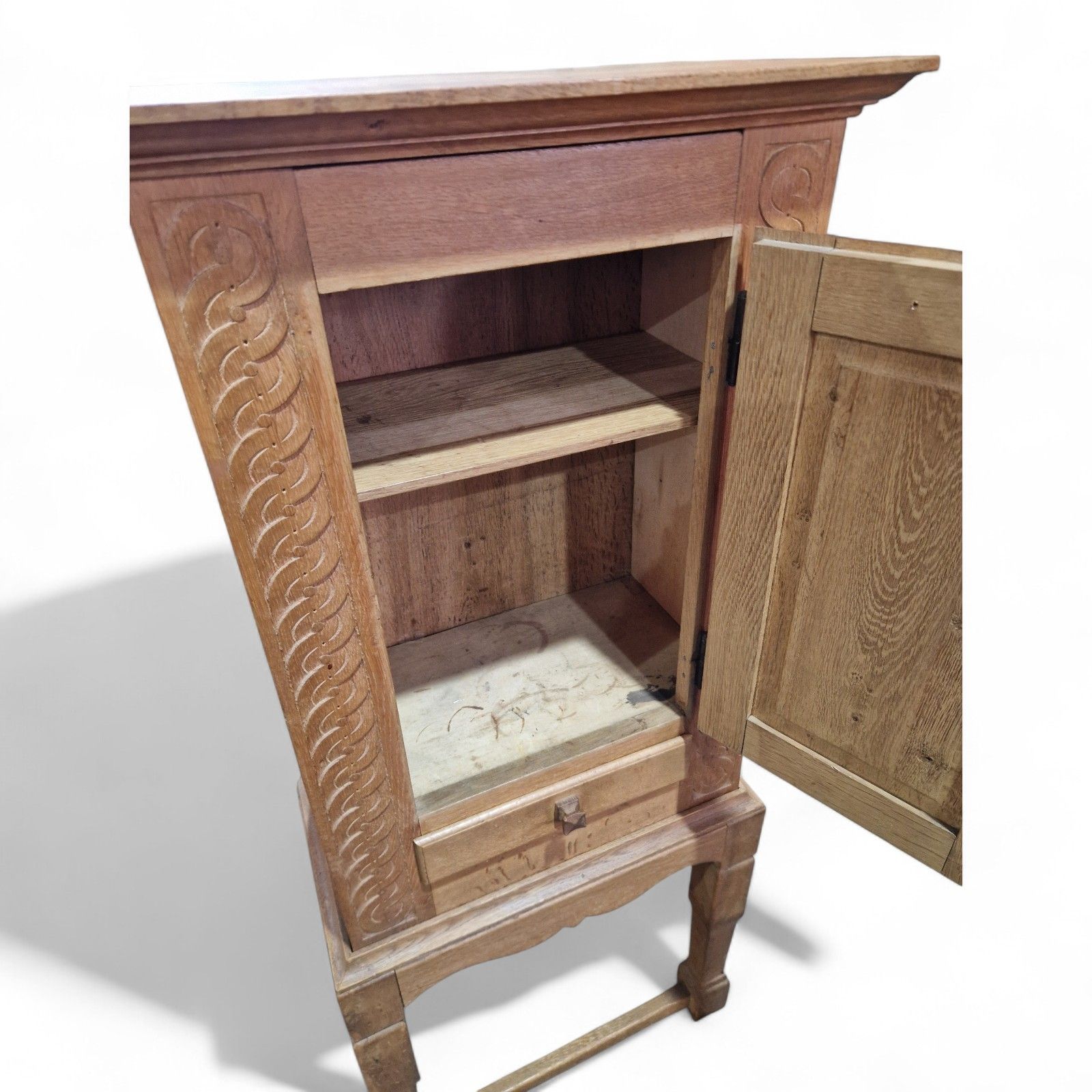 Furniture Carved Oak Side Cupboard / Antique Style Cabinet On Stand With Drawer + Key photo