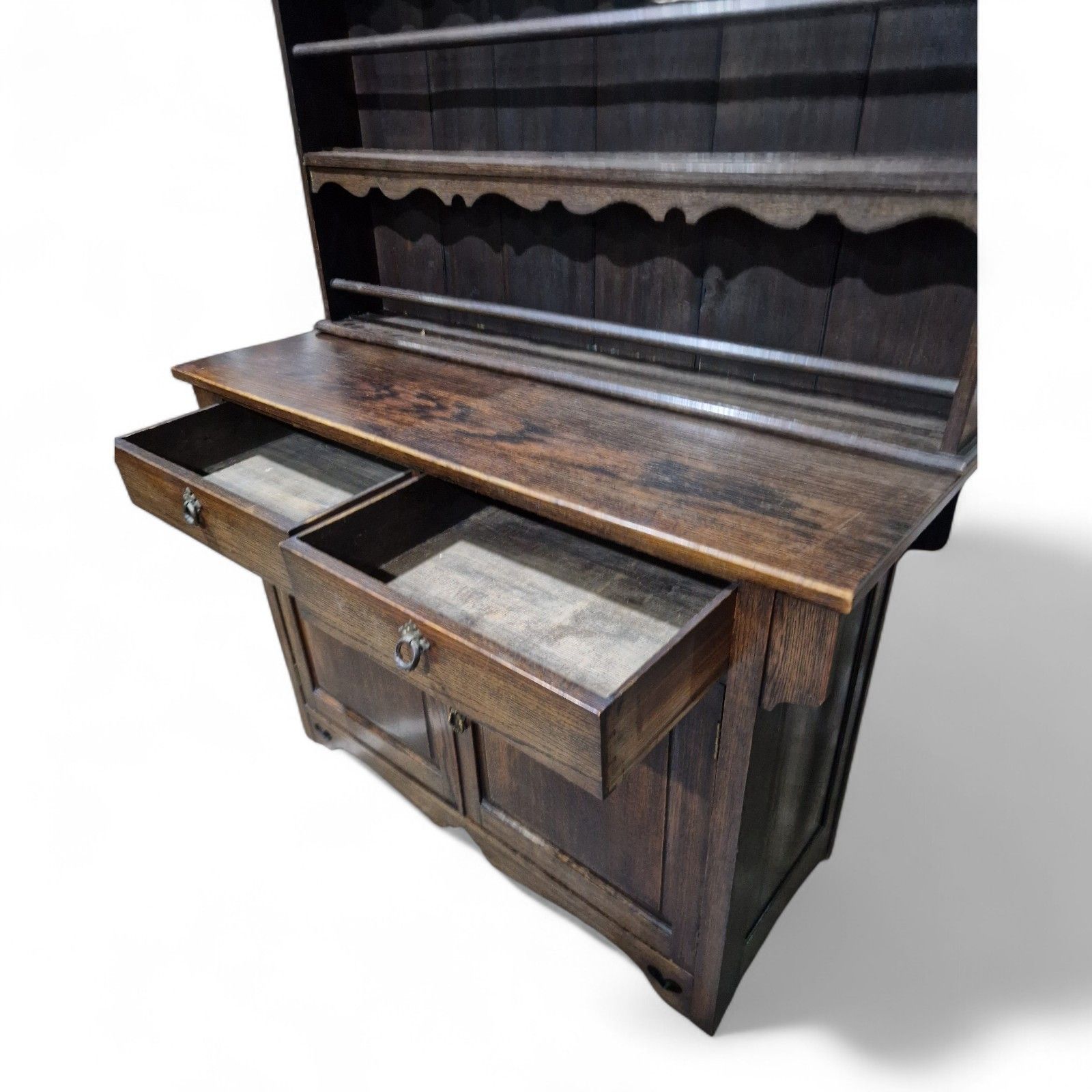 Furniture Antique Oak Cabinet Dresser Arts & Crafts Double Cupboard + Delft Display Rack photo