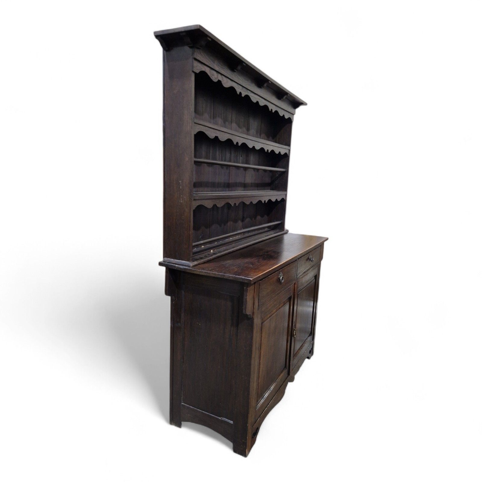 photo vinterior Antique Oak Cabinet Dresser Arts & Crafts Double Cupboard + Delft Display Rack