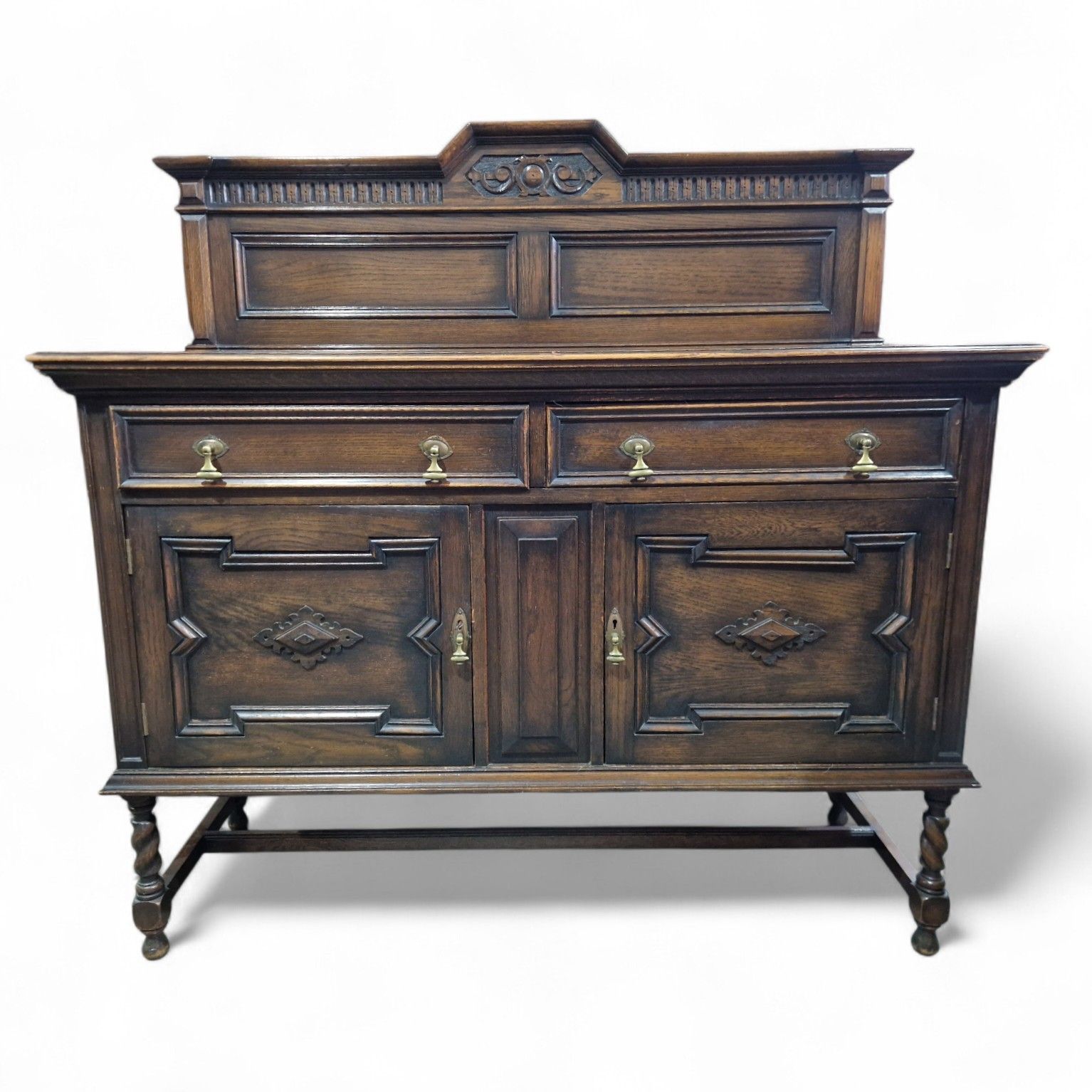 Antique Oak Jacobean Style Sideboard Carved Doors Twist Legs Cabinet photo for sale
