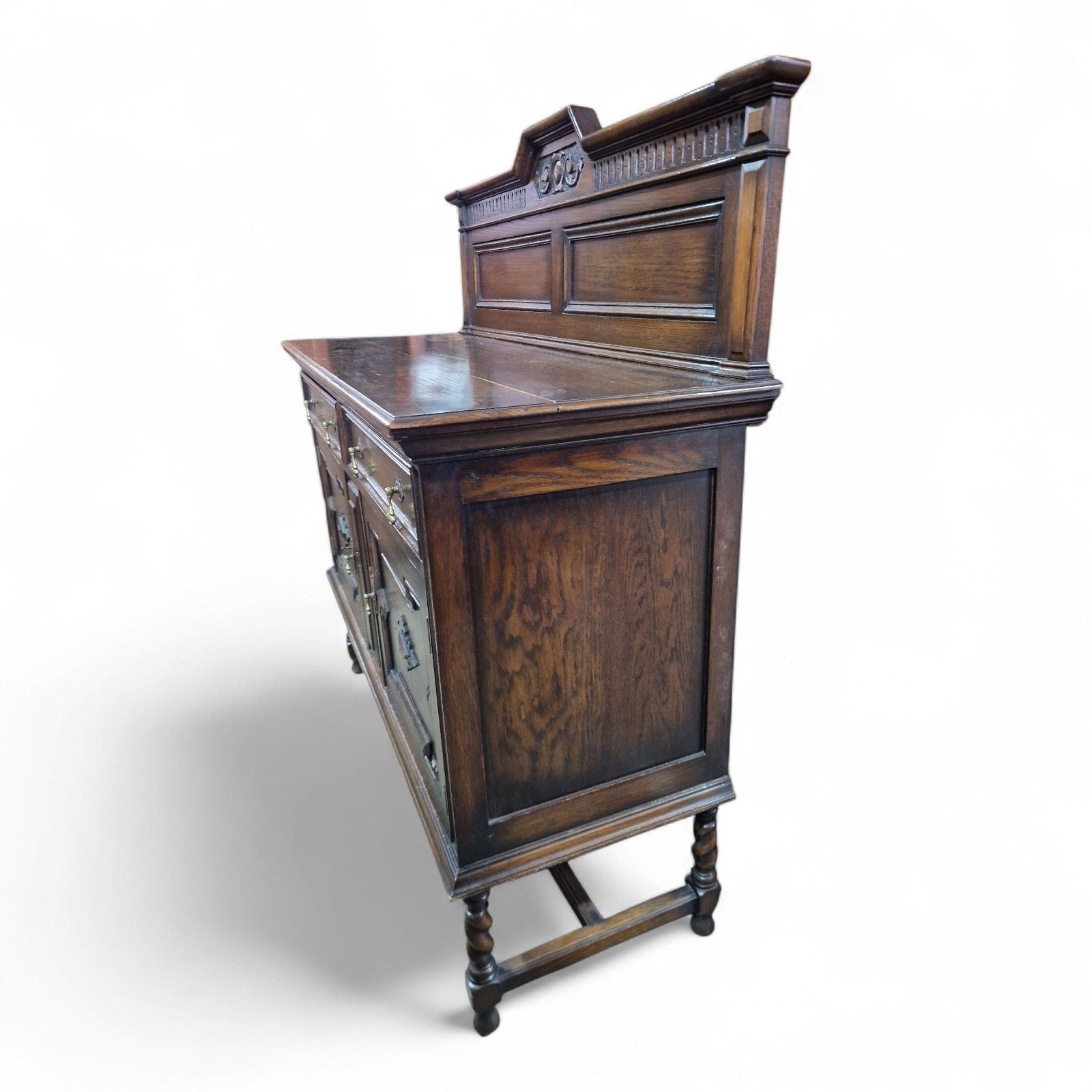 Antique Oak Jacobean Style Sideboard Carved Doors Twist Legs Cabinet photo 195.0