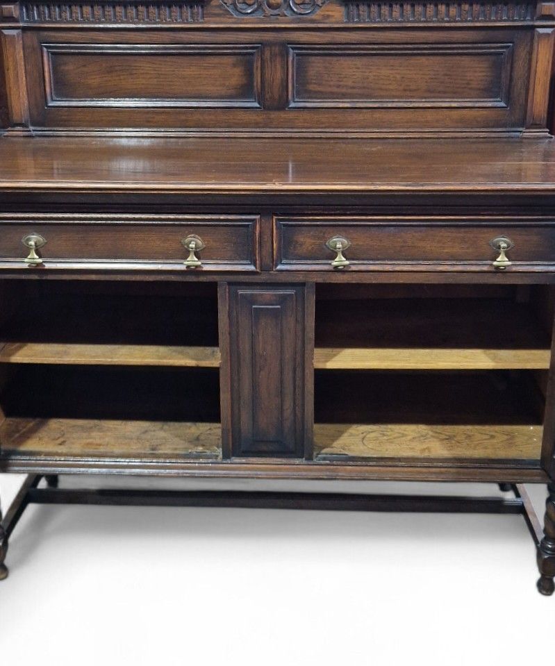 Antique Oak Jacobean Style Sideboard Carved Doors Twist Legs Cabinet photo vintage