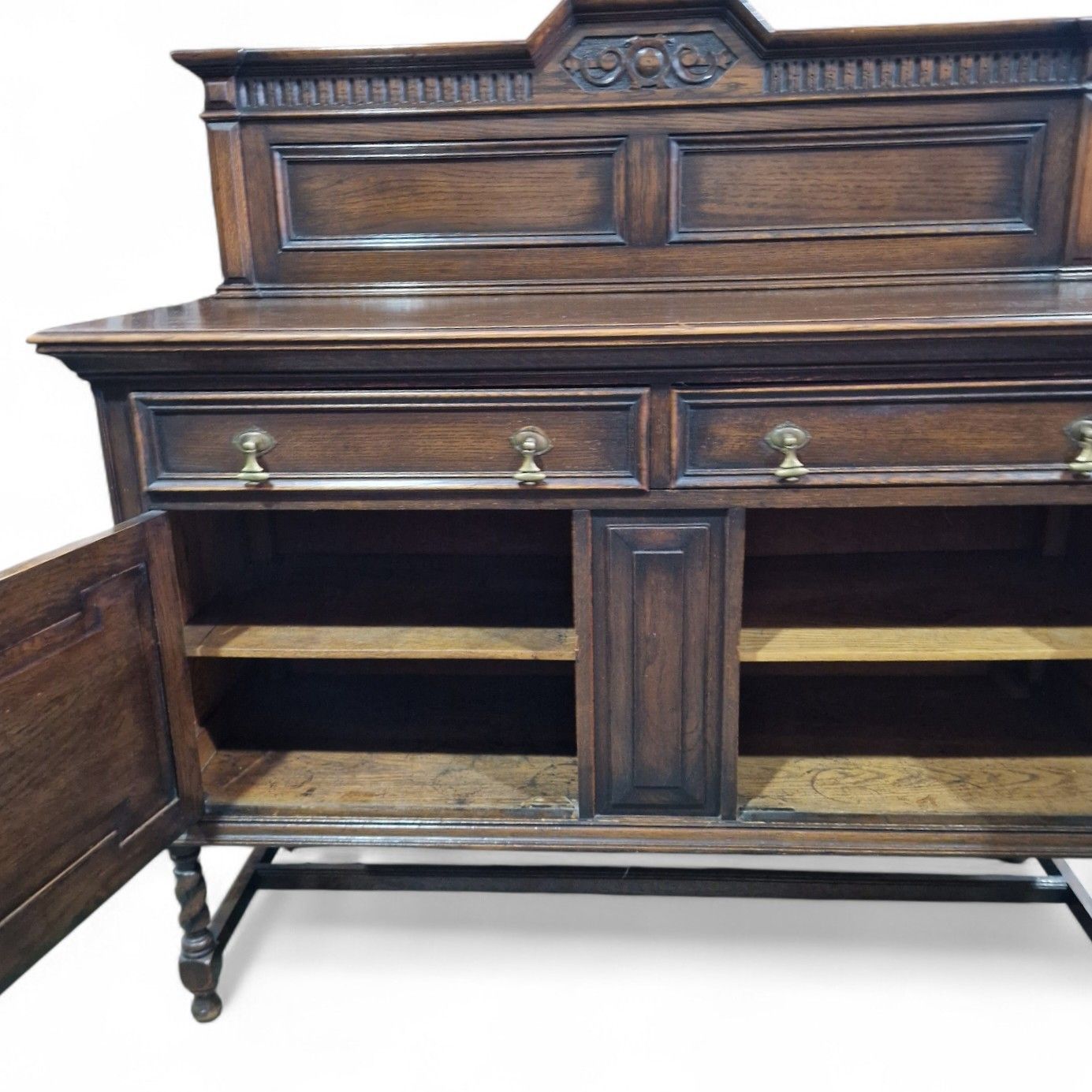 photo furniture Antique Oak Jacobean Style Sideboard Carved Doors Twist Legs Cabinet