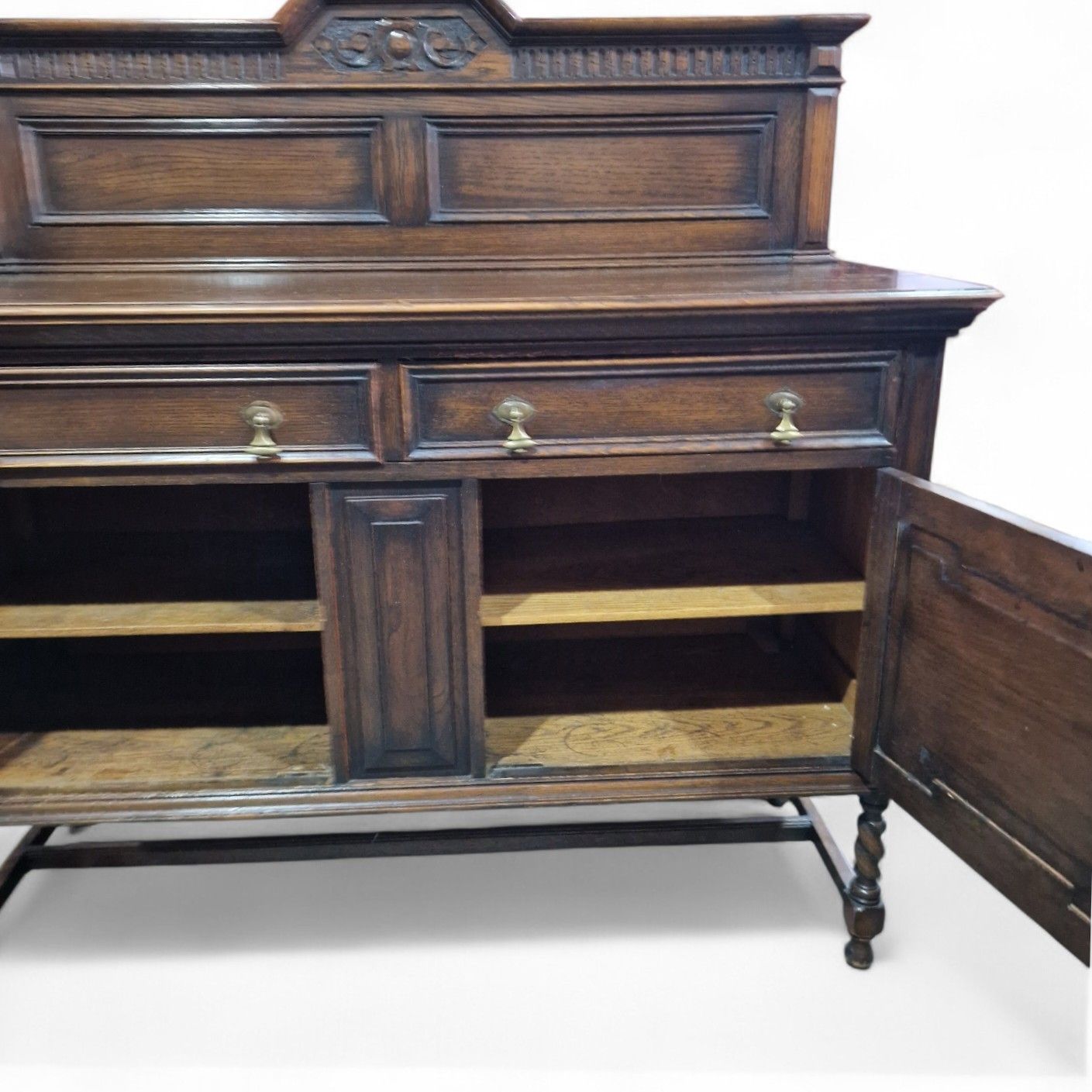 photo for sale Antique Oak Jacobean Style Sideboard Carved Doors Twist Legs Cabinet