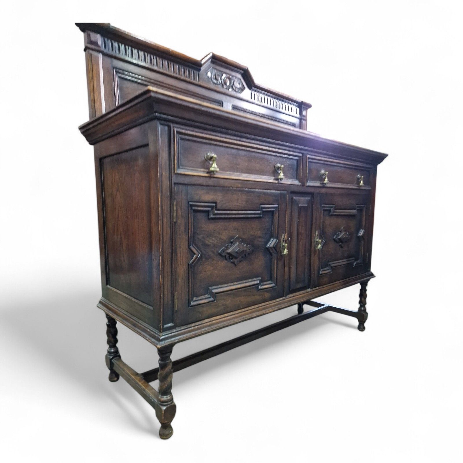 photo buy Antique Oak Jacobean Style Sideboard Carved Doors Twist Legs Cabinet