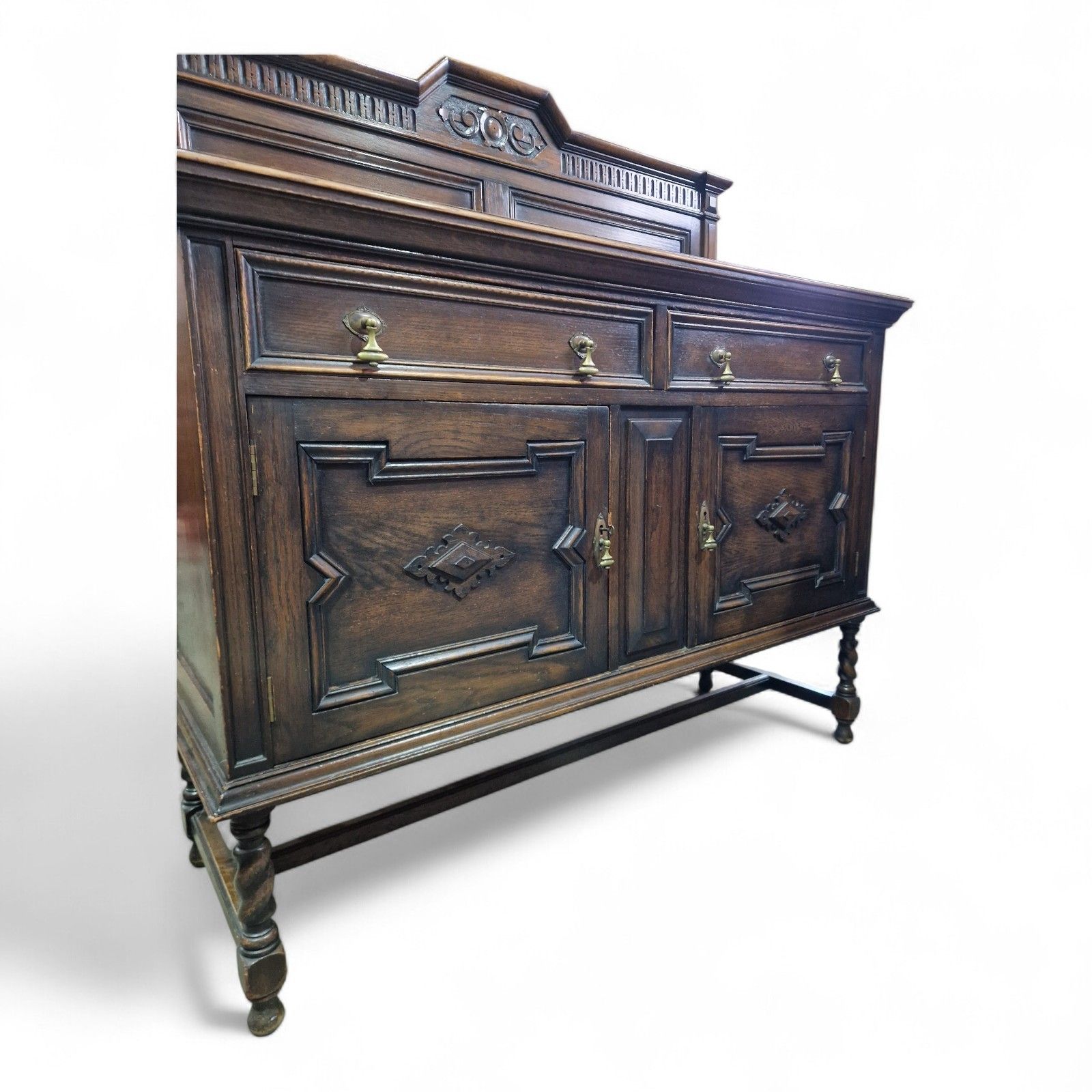 photo vintage Antique Oak Jacobean Style Sideboard Carved Doors Twist Legs Cabinet