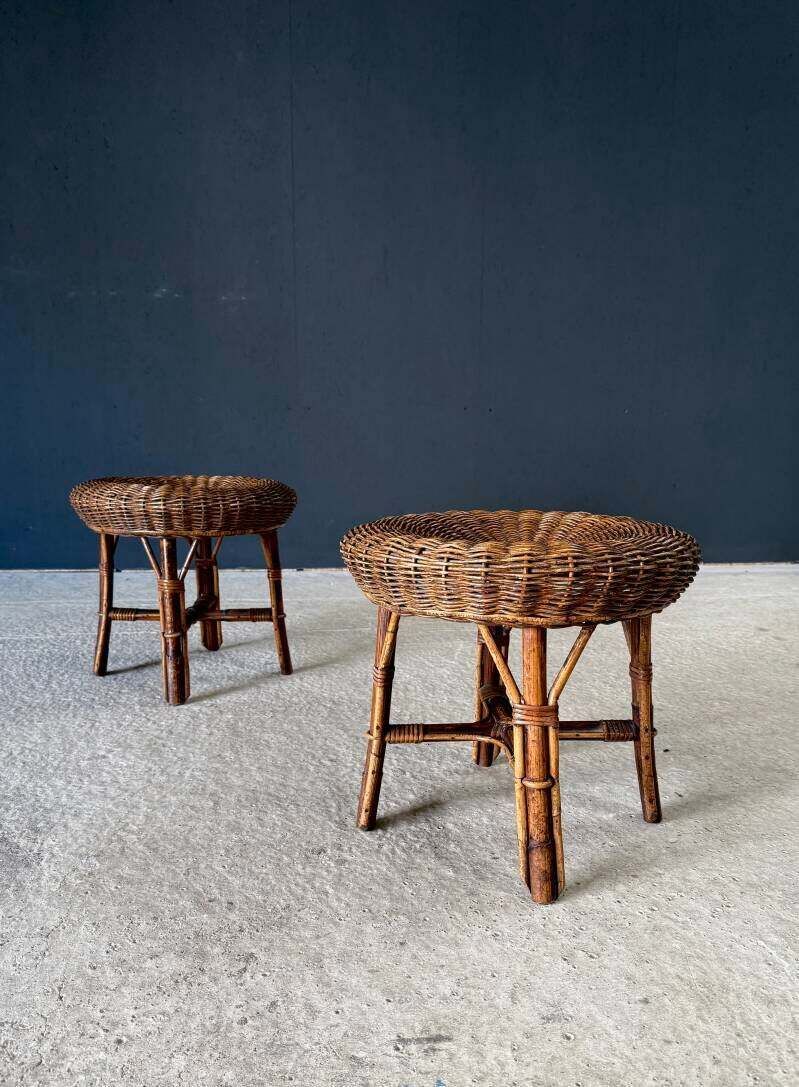 Boho Design Bamboo & Rattan Low Stools, Italy 1960's photo for sale