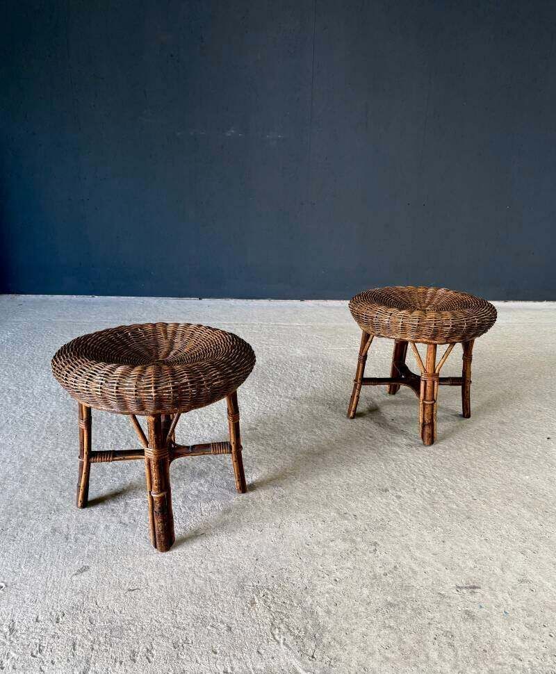 Boho Design Bamboo & Rattan Low Stools, Italy 1960's photo vinterior
