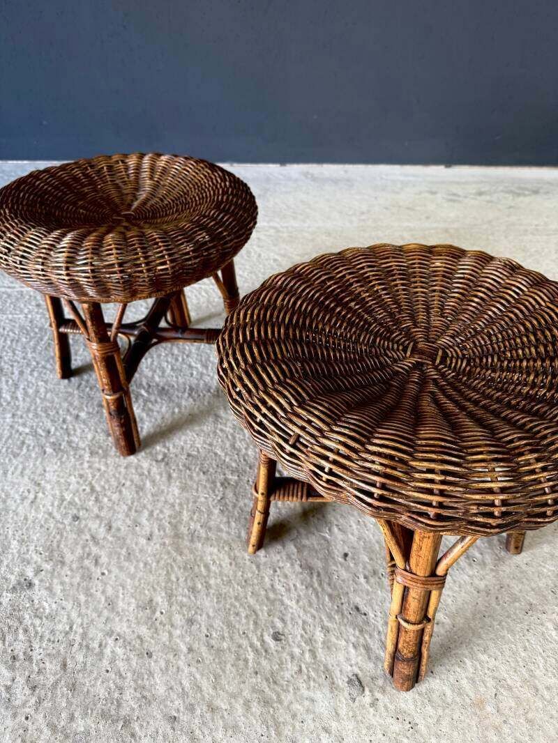 photo vintage Boho Design Bamboe & Rotan Lage Krukken, Italië, Ca. Jaren 1960