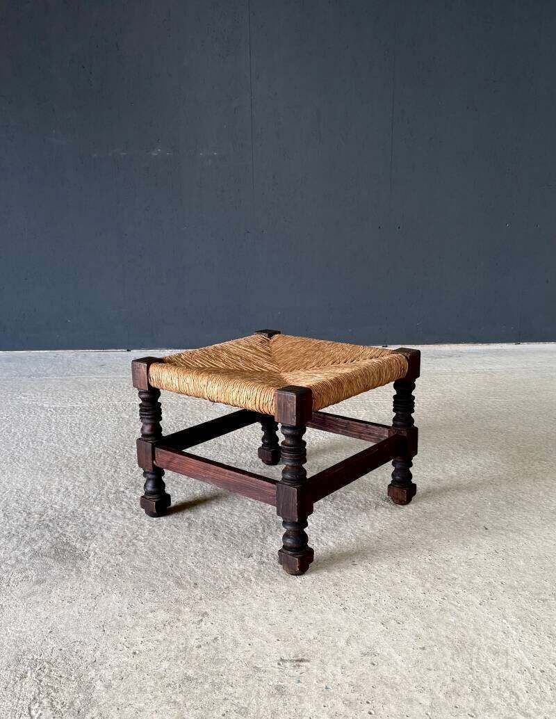 French Country Oak & Rush Low Stool, France 1940's