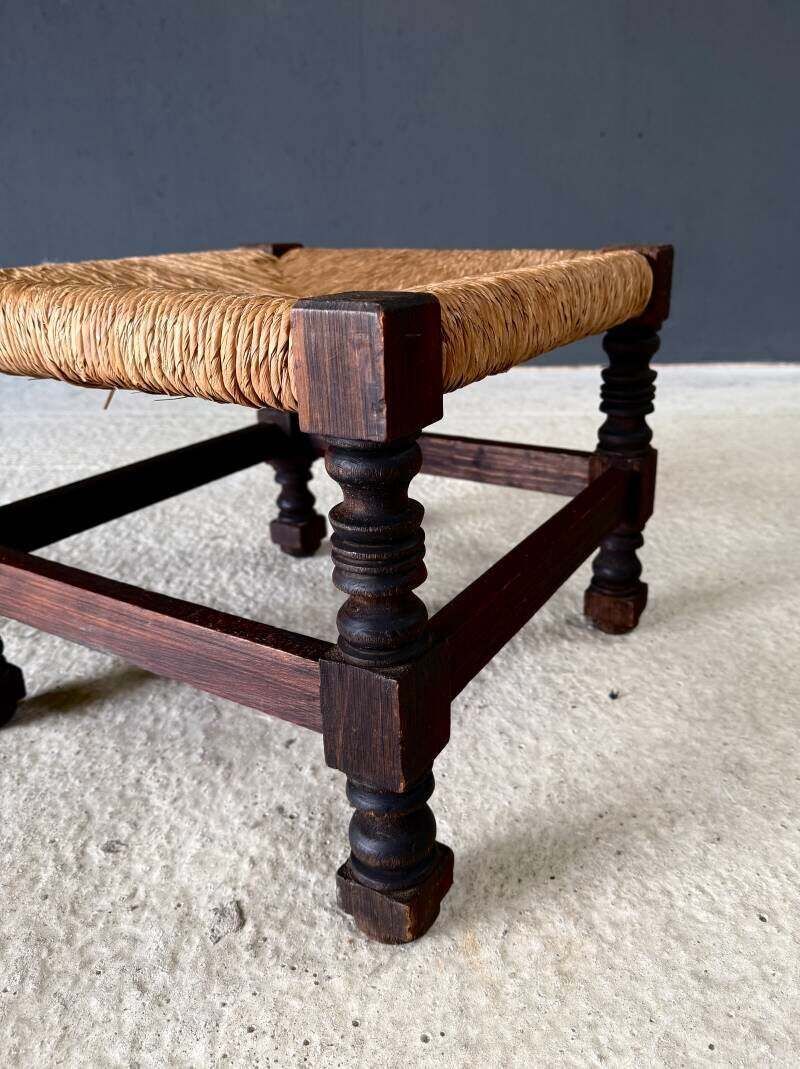 French Country Oak & Rush Low Stool, France 1940's photo vintage