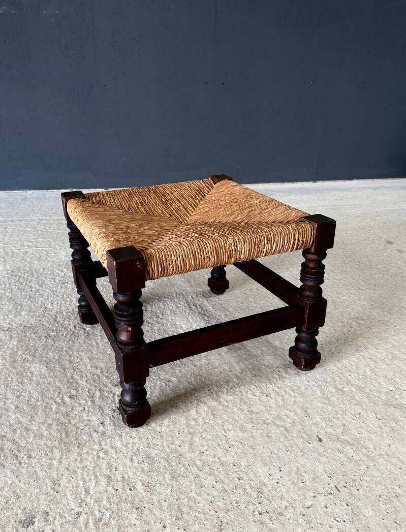 photo vintage French Country Oak & Rush Low Stool, France 1940's