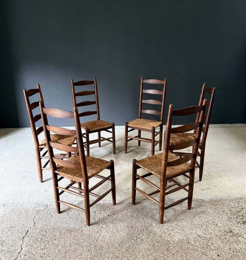 Rustic Design High Ladder Back Oak & Rush Dining Chairs, Belgium 1950's photo vintage