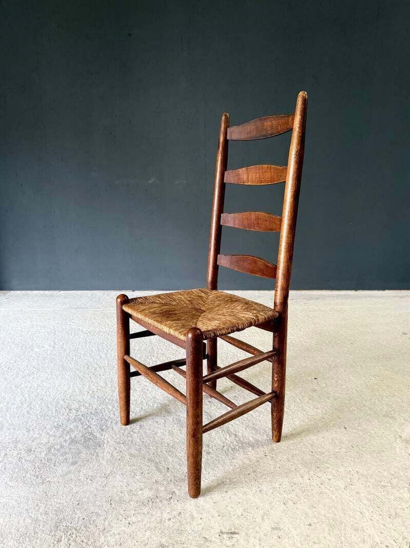 1450.0 Rustic Design High Ladder Back Oak & Rush Dining Chairs, Belgium 1950's photo