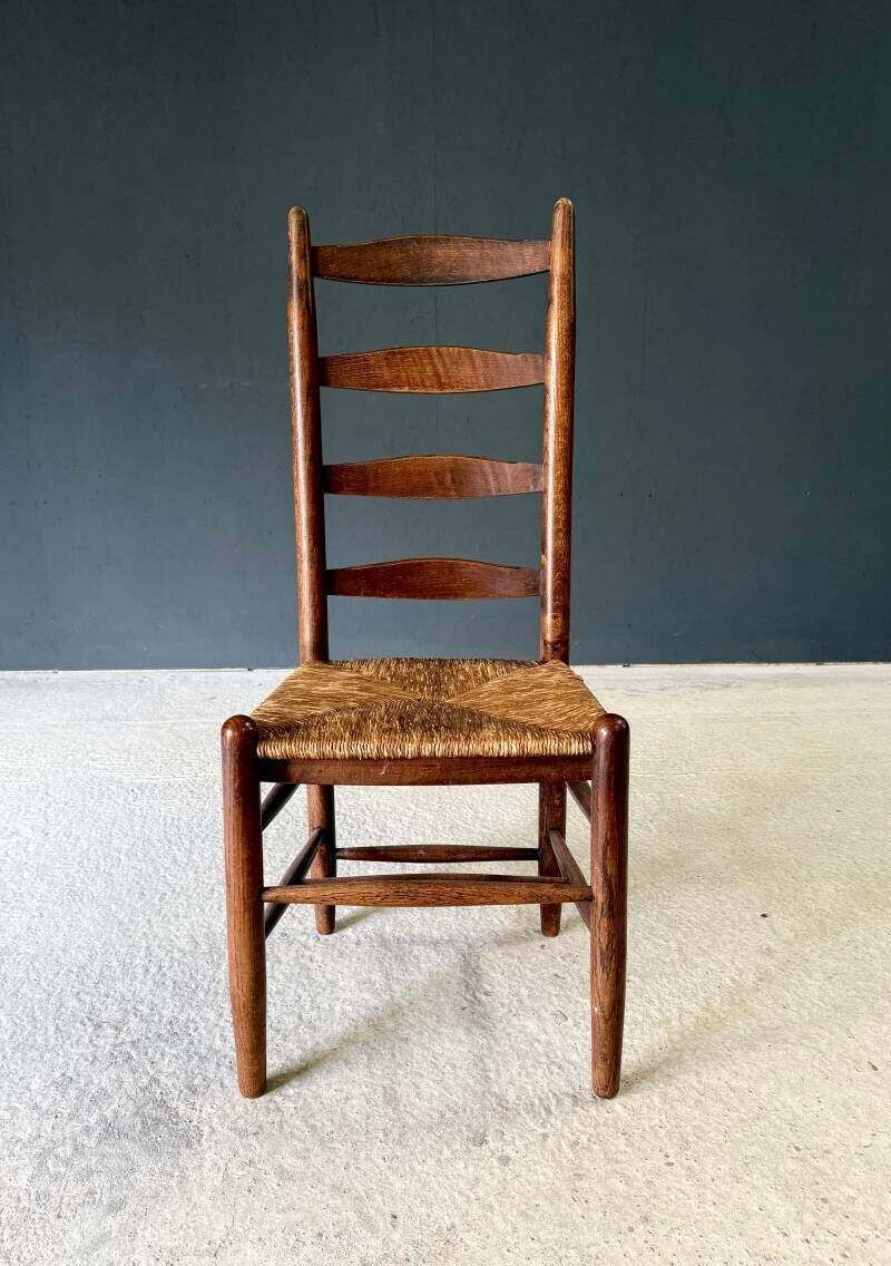photo vinterior Rustic Design High Ladder Back Oak & Rush Dining Chairs, Belgium 1950's