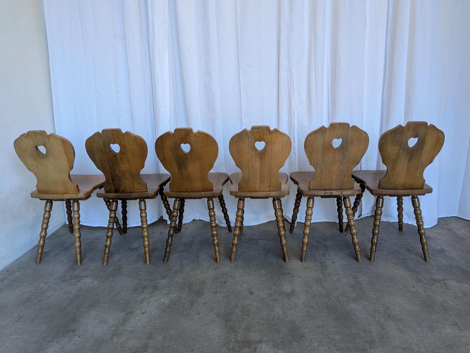 photo furniture Set Of 6 Vintage Tyrolean Heart Cutout Wooden Dining Chairs / Darker Brown Wood