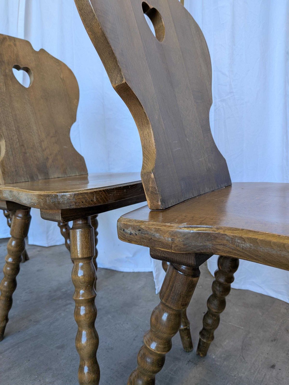 photo buy Set Of 6 Vintage Tyrolean Heart Cutout Wooden Dining Chairs / Darker Brown Wood
