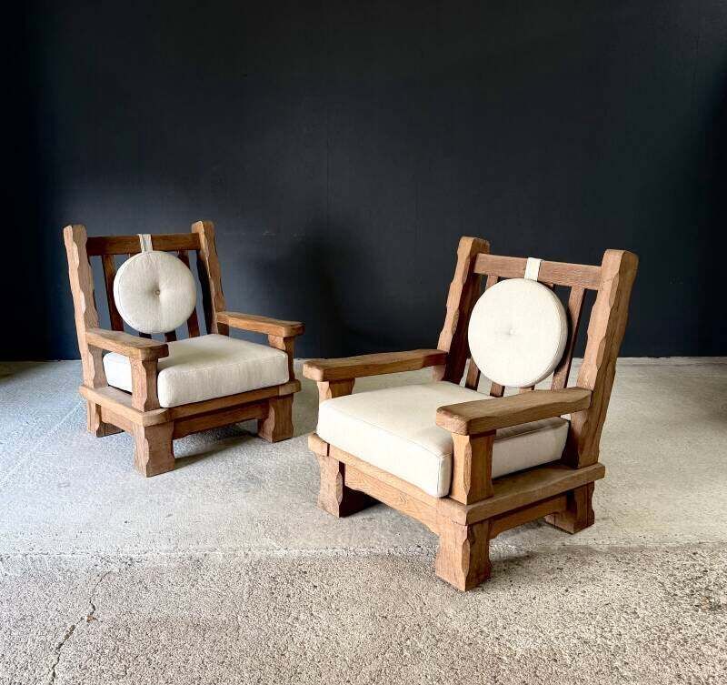 Brutalist Design Xl Oak Lounge Chairs, Belgium 1960's
