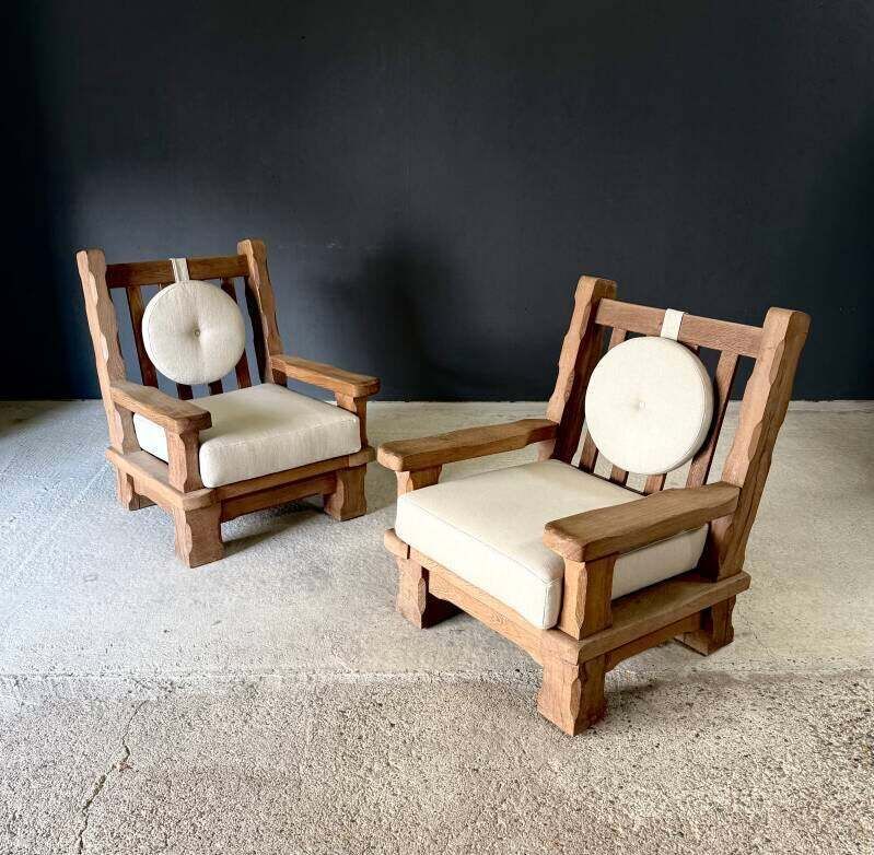 Brutalist Design Xl Oak Lounge Chairs, Belgium 1960's photo vinterior