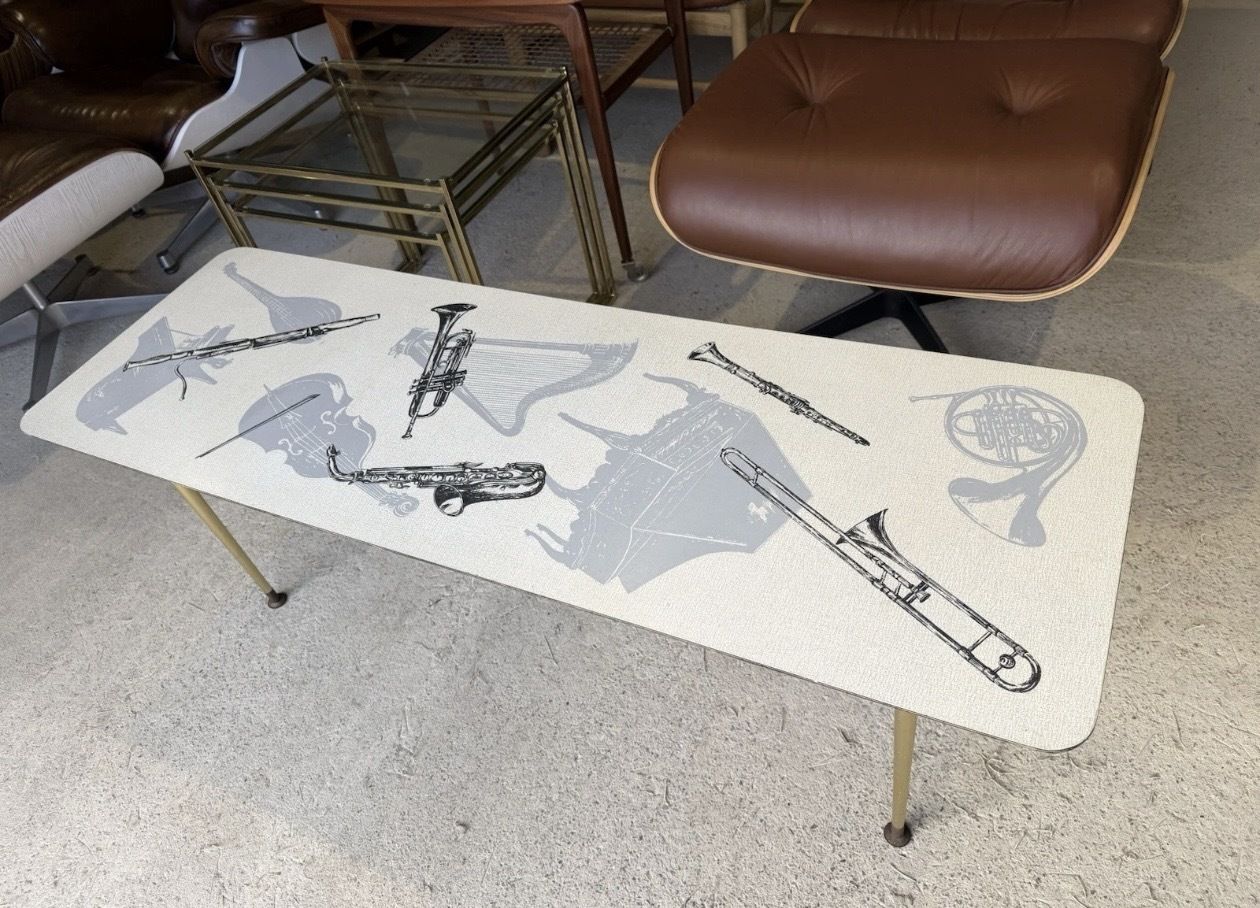 Retro Mid Century Coffee Table With Various Music Instruments On Top 1960s photo buy