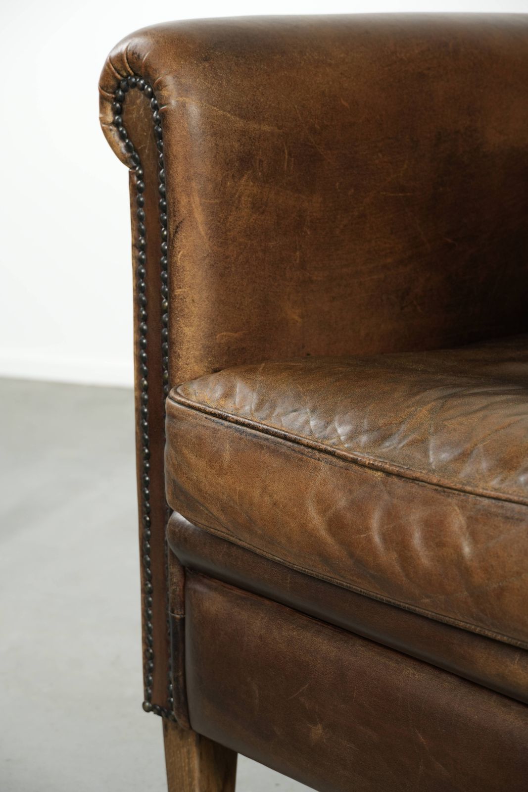 Furniture Timeless, Luxurious And Characterful Sheep Leather Design Armchair / Armchair With A Beautiful Patina photo