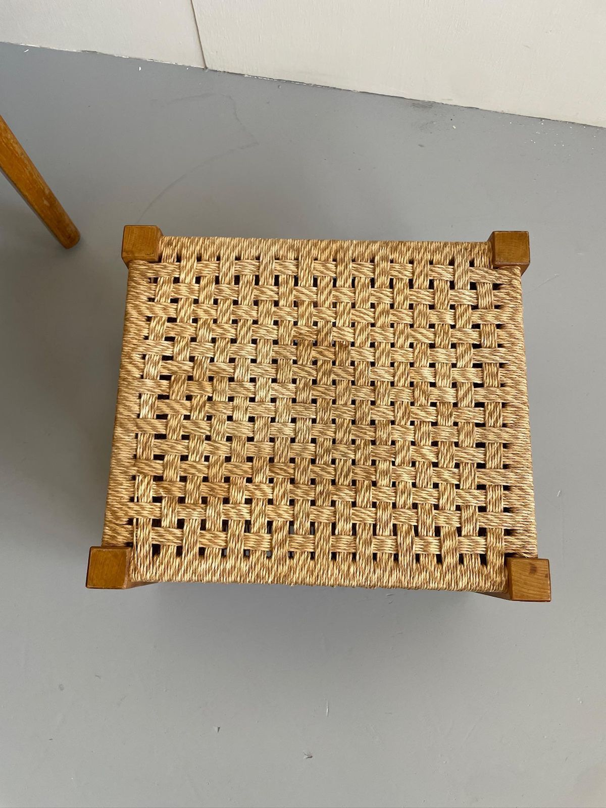 Vintage Footstool Stool With Woven Beige Rope Seat Mid Century photo furniture