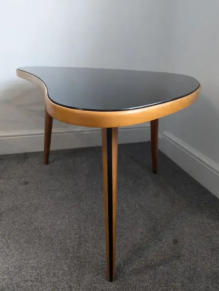 Vintage Mcm 1950s Danish Beech & Smoked Glass Kidney Shaped Side/Coffee Table. photo vinterior