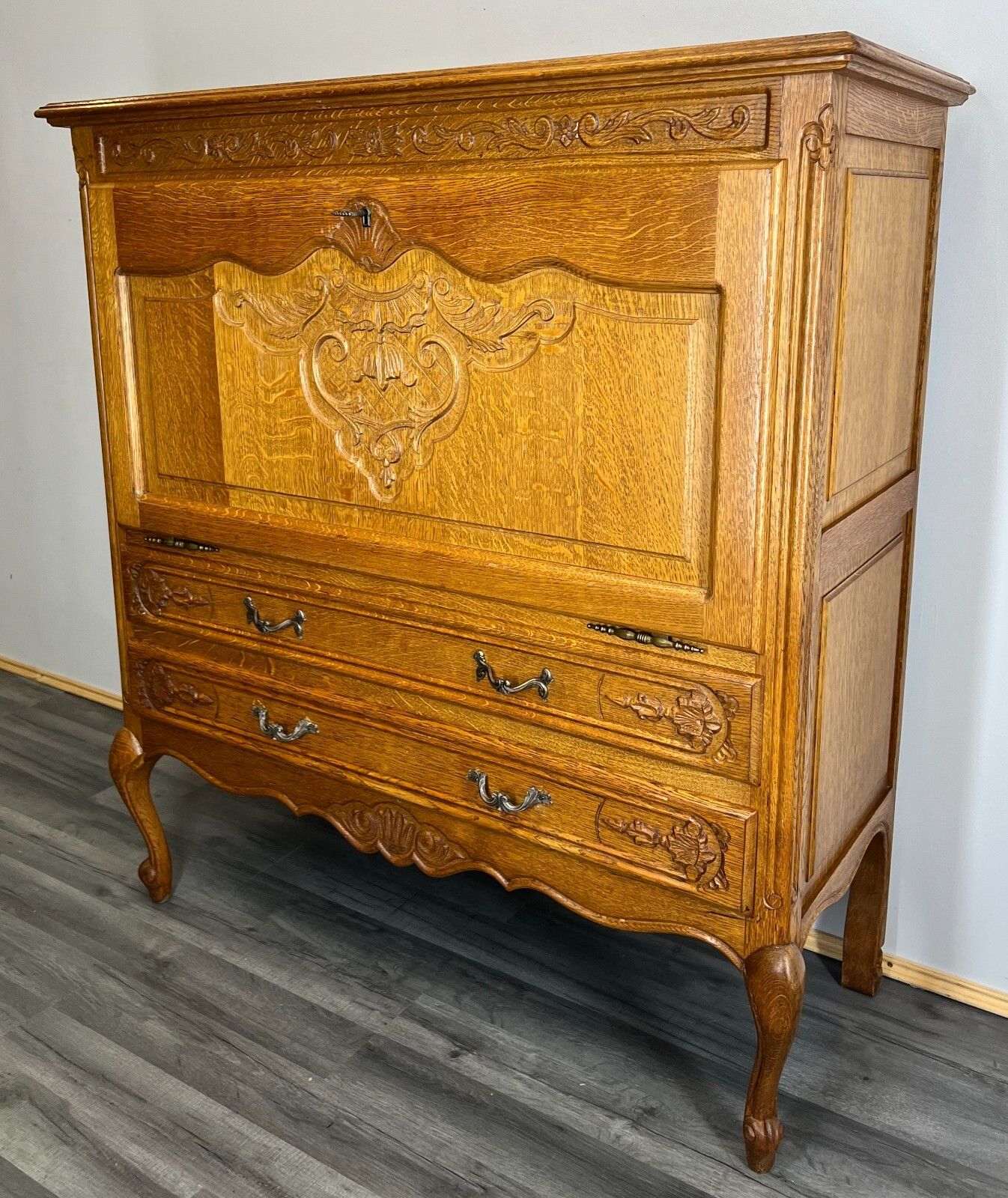 Cabinet Vintage French Louis XIV Style Carved Drop Front Oak Sideboard Lot 2651 photo furniture