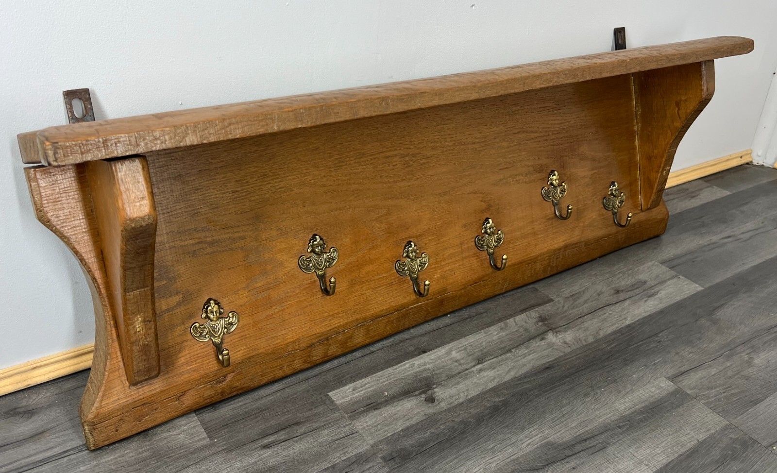 Coat Rack Antique French Oak Wall Shelf 6 Hook Carved Coat Hanger Lot 2641