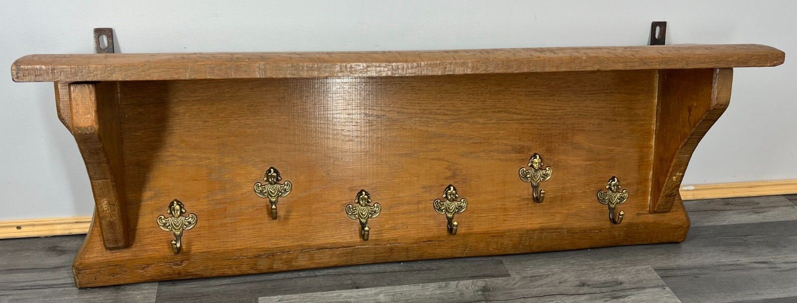 Coat Rack Antique French Oak Wall Shelf 6 Hook Carved Coat Hanger Lot 2641 photo vinterior