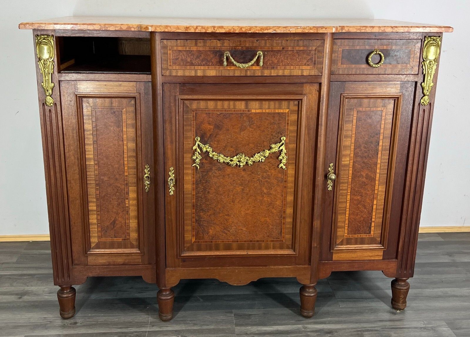 Sideboard Antique French Marble Top Inlaid Brass Detail Carved Cabinet Lot 2382 photo furniture