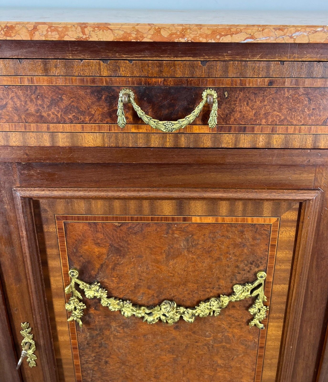 Sideboard Antique French Marble Top Inlaid Brass Detail Carved Cabinet Lot 2382 photo vinterior