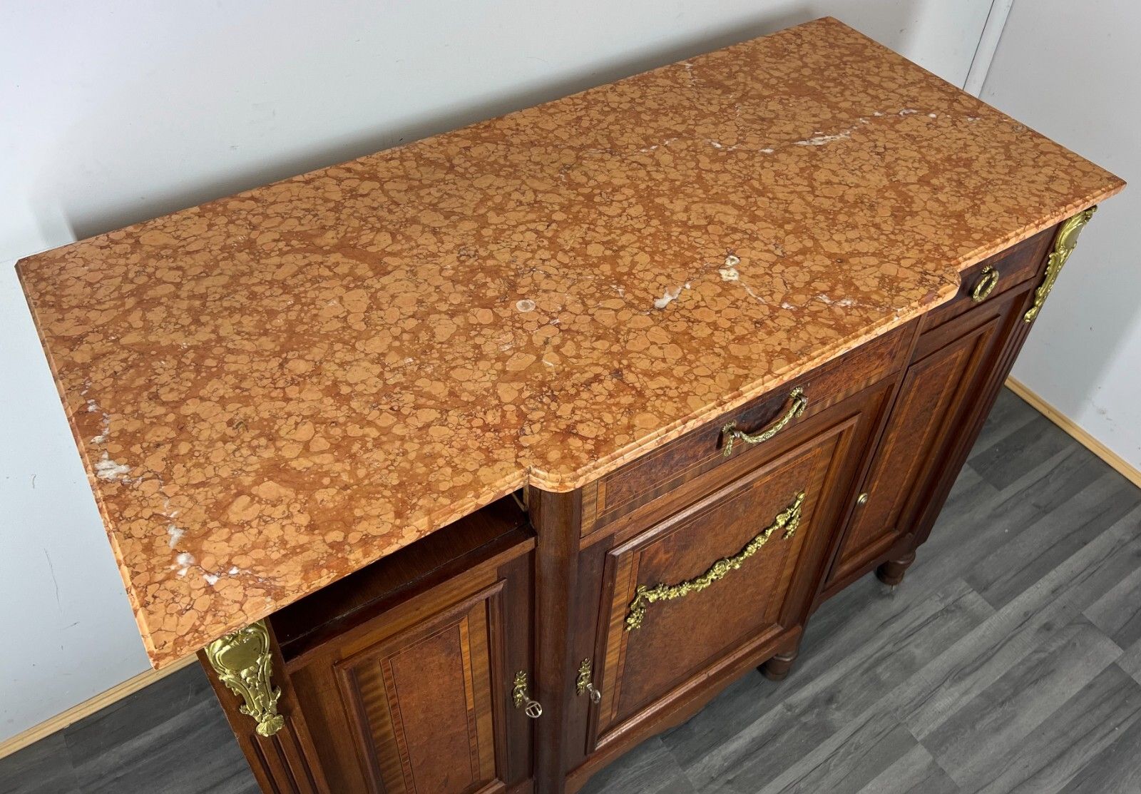 photo for sale Sideboard Antique French Marble Top Inlaid Brass Detail Carved Cabinet Lot 2382