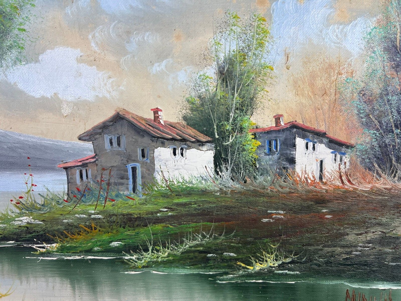 Vintage French Oil Painting Lake Mountain Scene Signed Framed Art Lot 5051 photo vintage