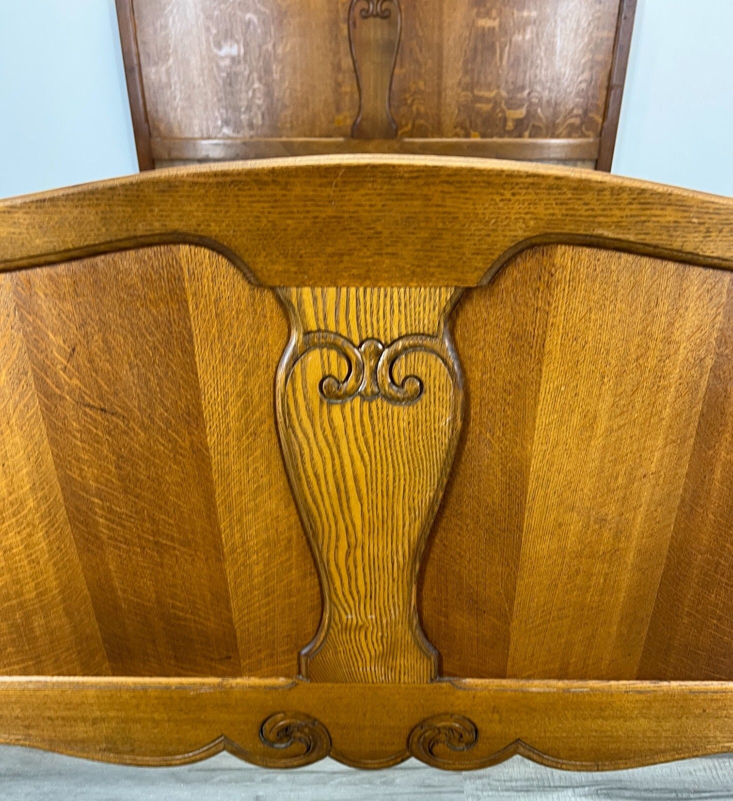 Bed Vintage French Louis XVI Double Bed Frame Oak Carved Headboard Lot 1972 photo vinterior