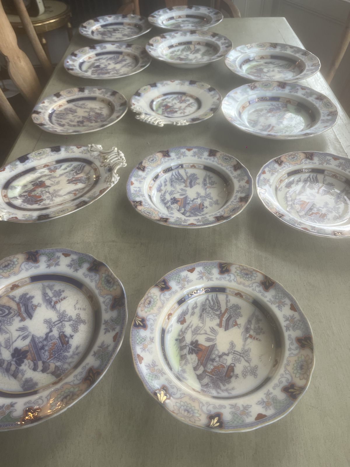 Tongzhi Period (1862 1874) Style Chinese Polychrome Plates. Dated On The Reverse 1873 Beautiful Muted Color In These Plates. Staffordshire Earthenware