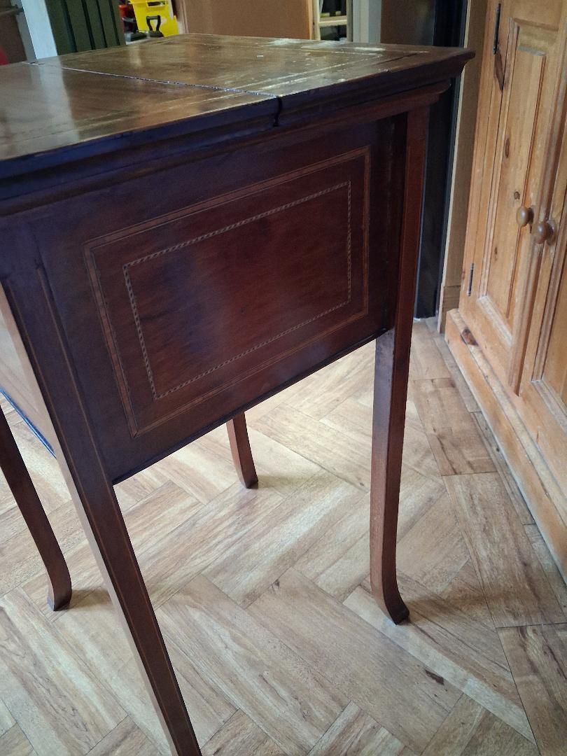 photo furniture Antique Inlaid Mahogany Fold Out Sewing Craft Work Table