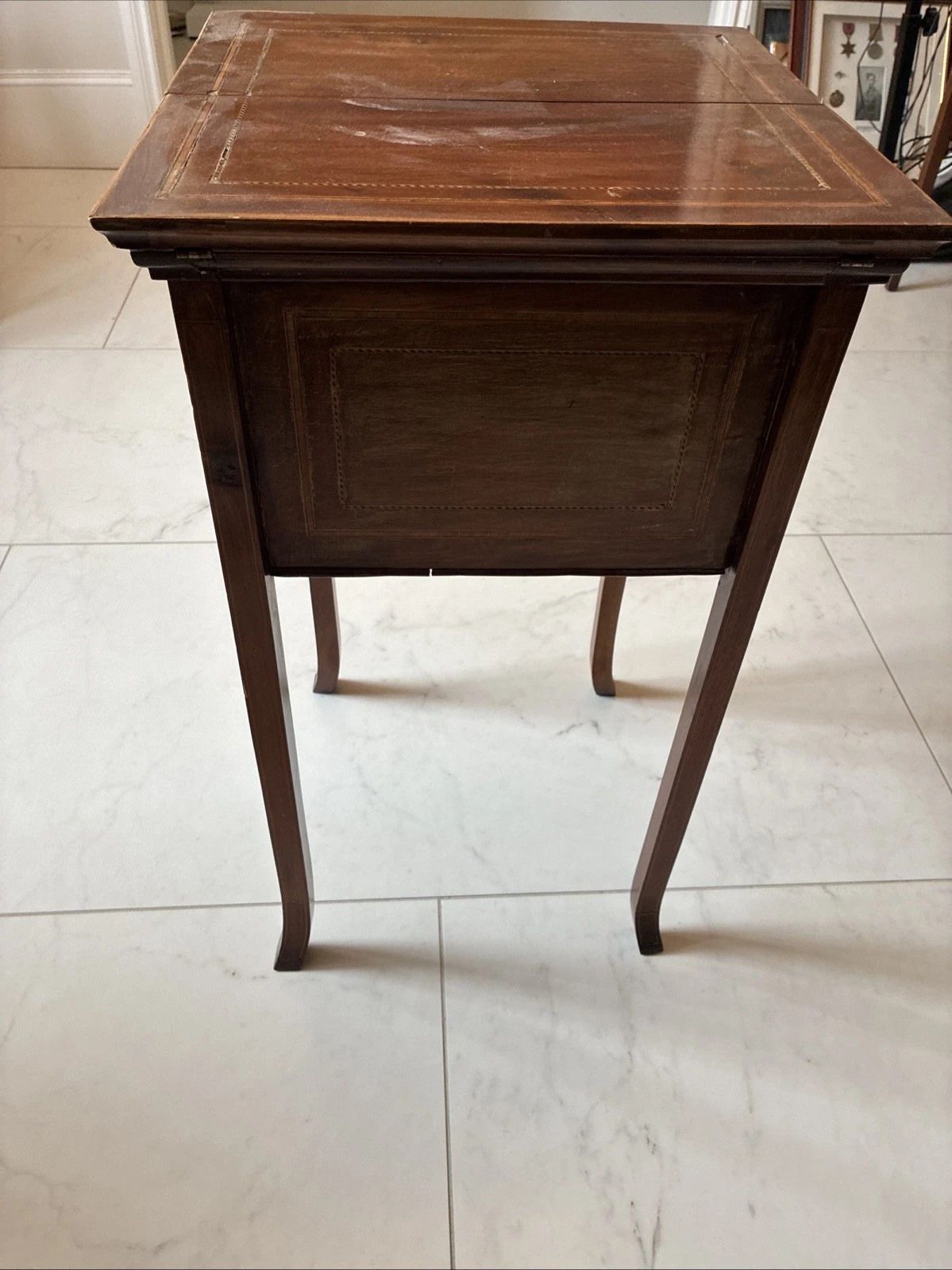 photo vinterior Antique Inlaid Mahogany Fold Out Sewing Craft Work Table