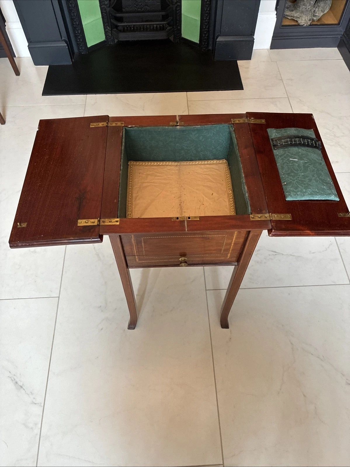 Antique Inlaid Mahogany Fold Out Sewing Craft Work Table photo furniture