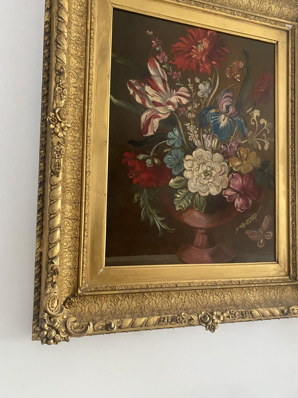 A Victorian Floral Oil Painting On Board In Original Frame. photo for sale
