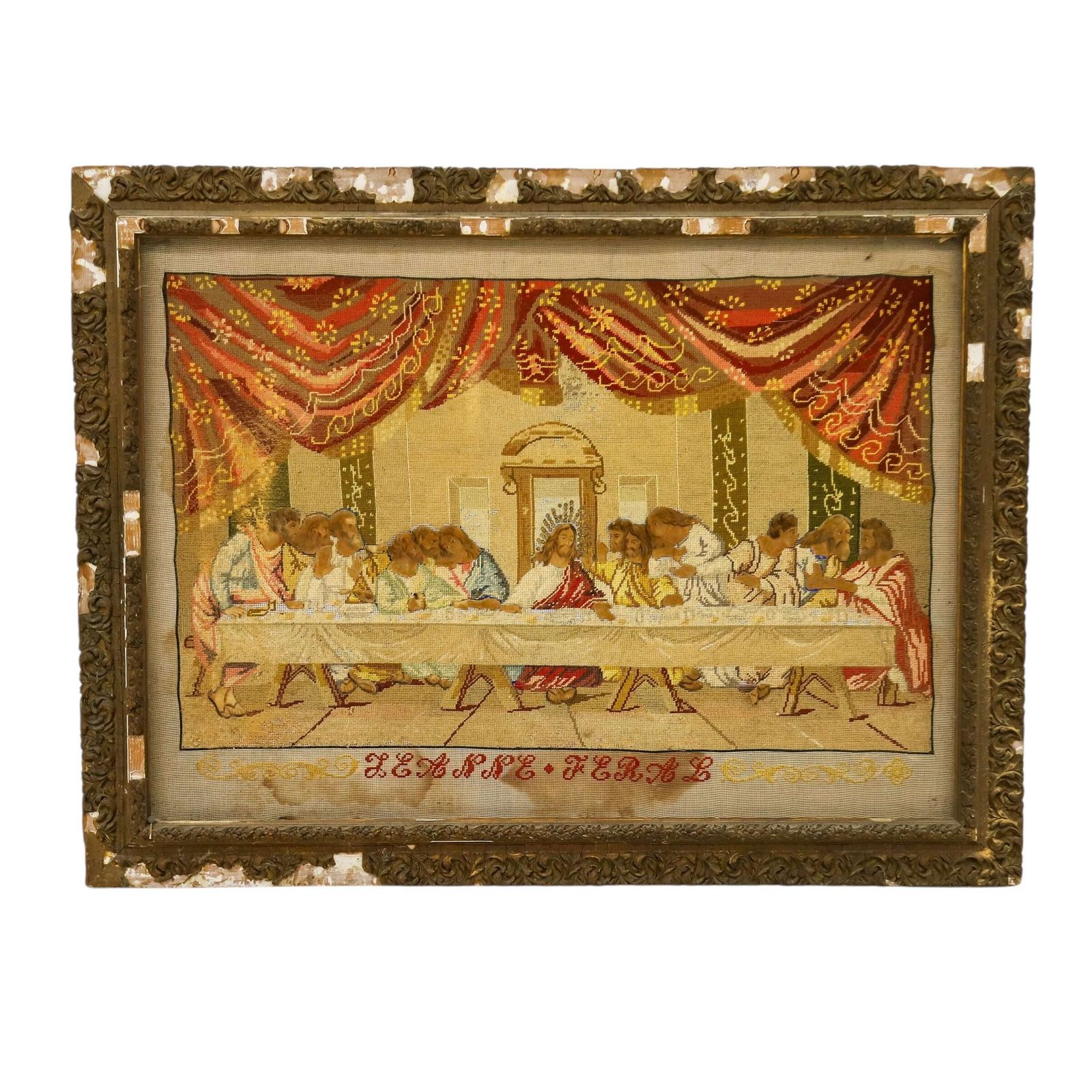 Antique French Devotional Needlepoint Wall Art Tapestry   Last Supper With Painted Faces