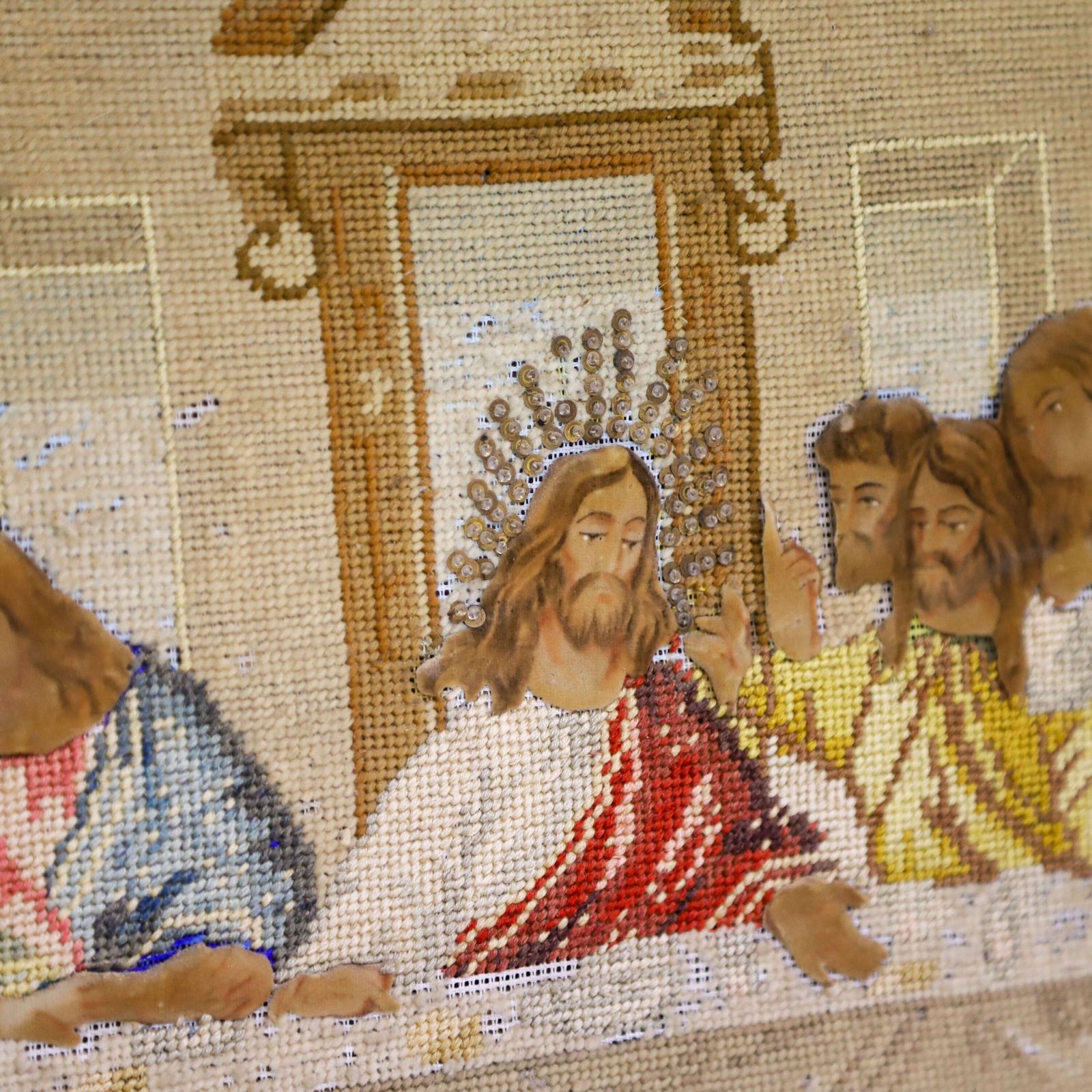 Antique French Devotional Needlepoint Wall Art Tapestry   Last Supper With Painted Faces photo Art