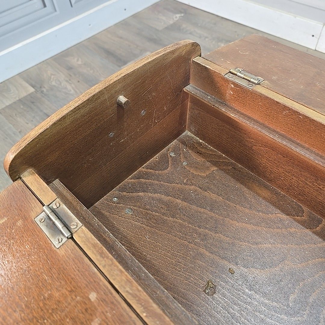 photo for sale Vintage Sewing Box Wooden Atomic Craft Storage Tapered Legs Mid Century Retro