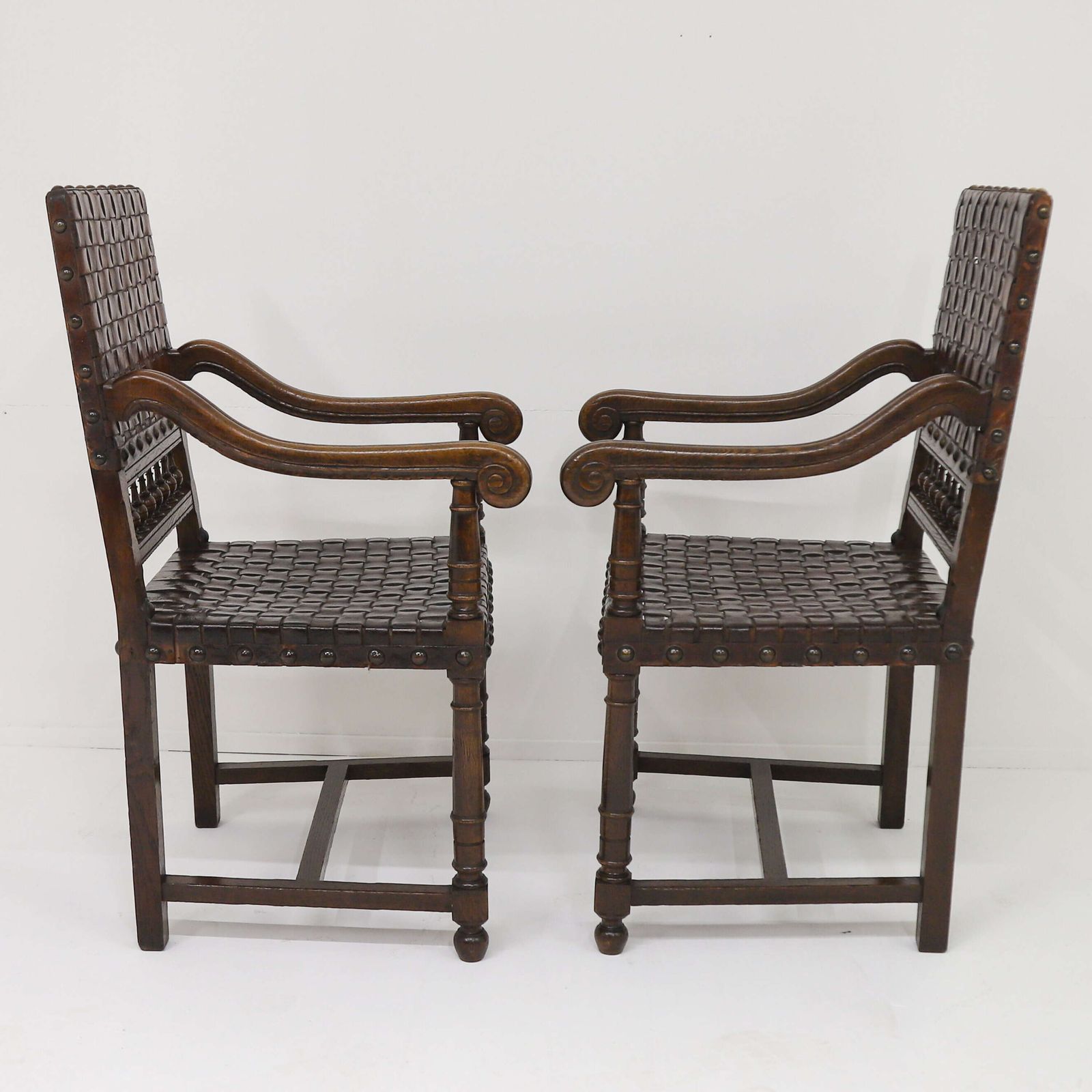 Very Decorative Pair Of 19th Century Carolean Style Oak And Woven Leather Armchairs photo buy