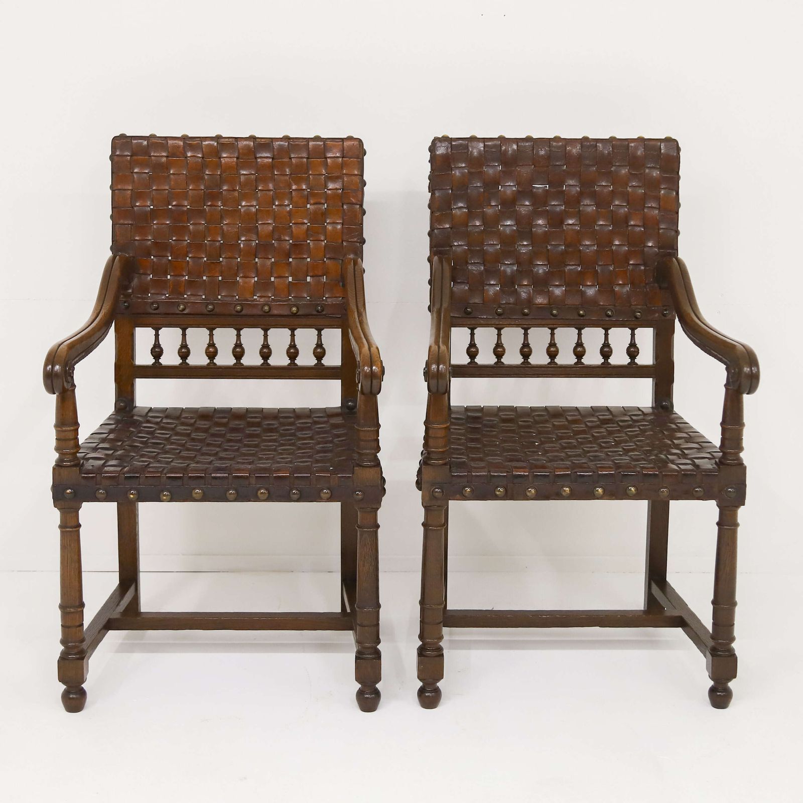 photo buy Very Decorative Pair Of 19th Century Carolean Style Oak And Woven Leather Armchairs