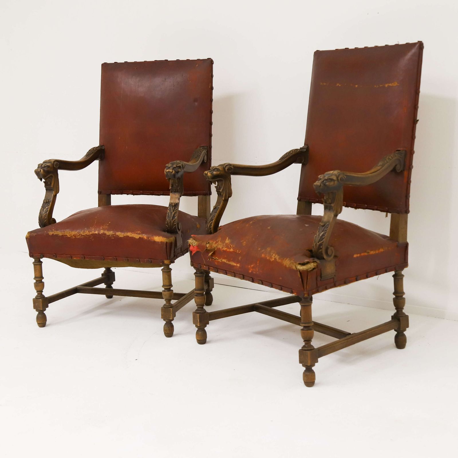 Pair Of French Louis XIV Style Mahogany Lion Head Fauteuils With Distressed Leather photo furniture